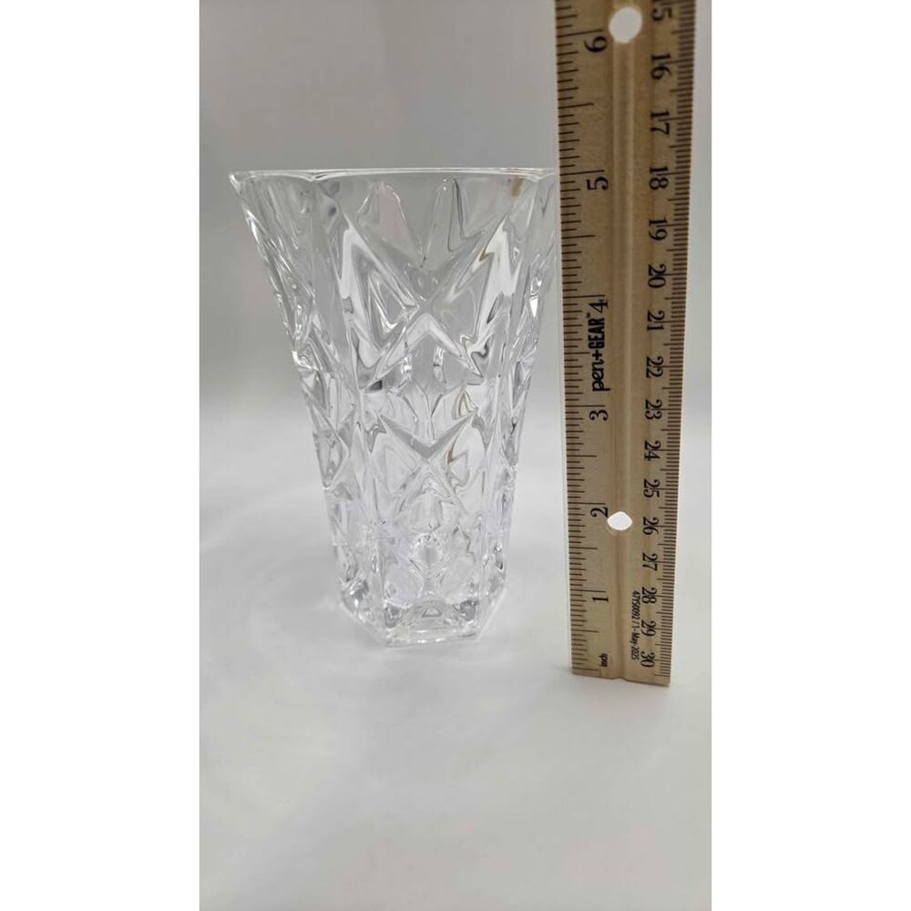 Heavy Clear Cut Lead Crystal Hexagonal Flower Vase 5" Geometric Starburst - Picture 5 of 6
